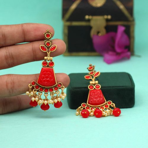 Red Color Carving Stone Antique Earrings