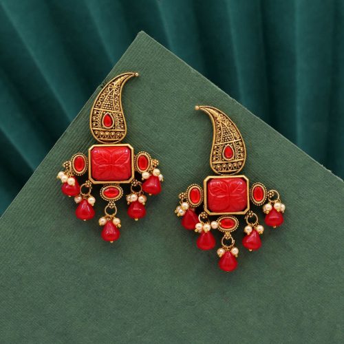 Red Color Carving Stone Antique Earrings