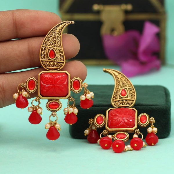 Red Color Carving Stone Antique Earrings-14504