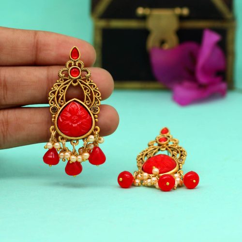 Red Color Carving Stone Antique Earrings