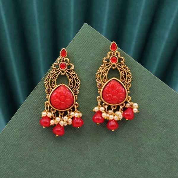 Red Color Carving Stone Antique Earrings-14063