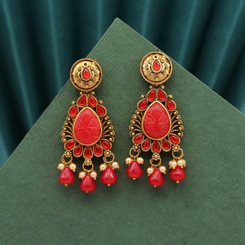 Red Color Carving Stone Antique Earrings