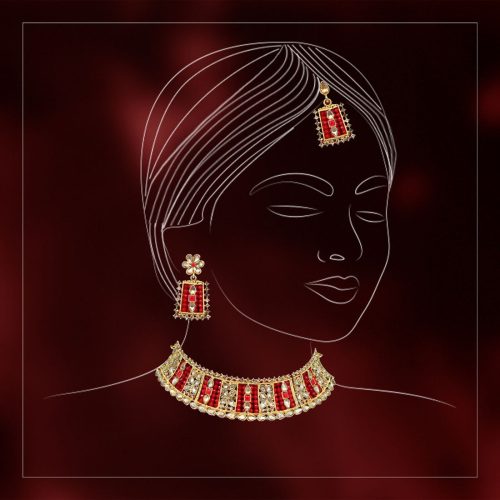Red Color Choker Kundan Polki Necklace Set