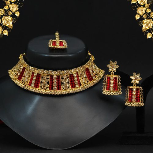 Red Color Choker Kundan Polki Necklace Set