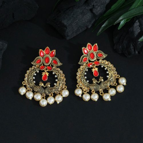 Red Color Colorful Kundan Antique Earrings