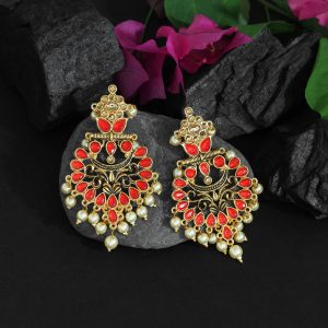 Red Color Colorful Kundan Antique Earrings-0