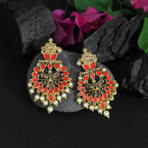 Red Color Colorful Kundan Antique Earrings