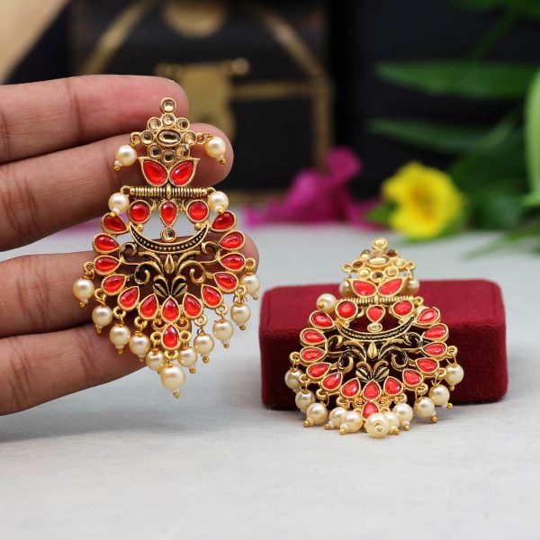 Red Color Colorful Kundan Antique Earrings-12292