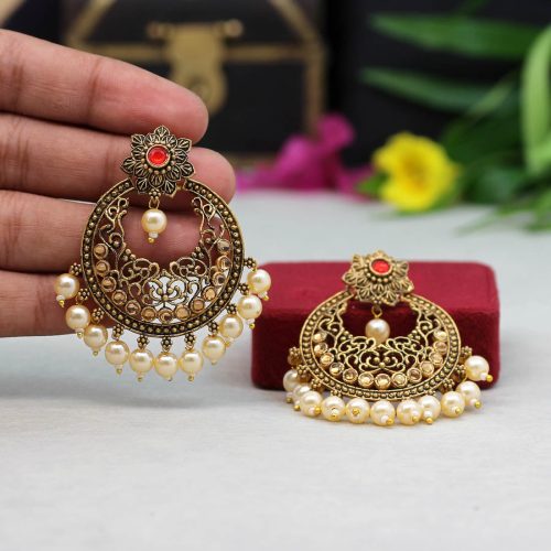 Red Color Colorful Kundan Antique Earrings