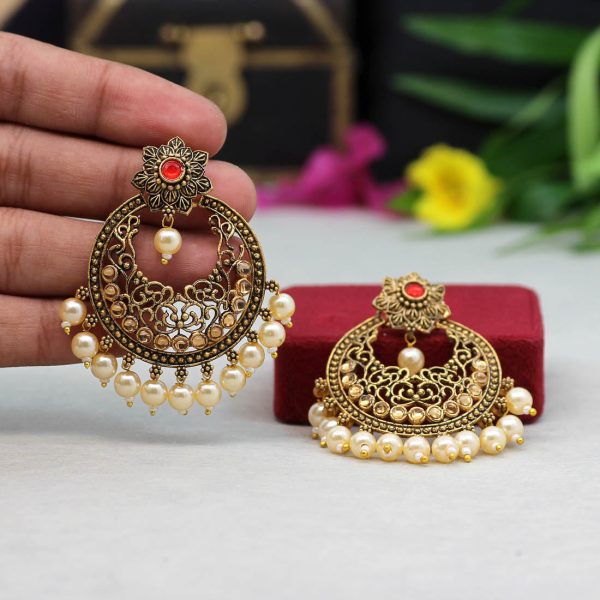 Red Color Colorful Kundan Antique Earrings-0