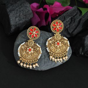 Red Color Colorful Kundan Antique Earrings-0