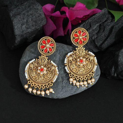 Red Color Colorful Kundan Antique Earrings