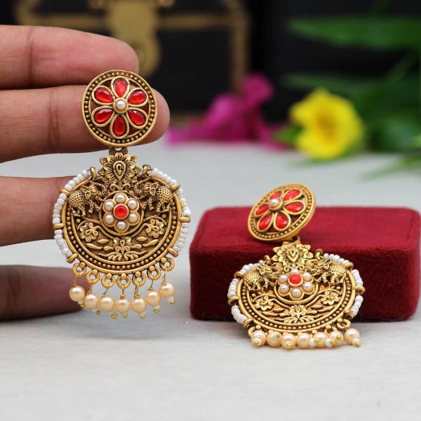 Red Color Colorful Kundan Antique Earrings-14550