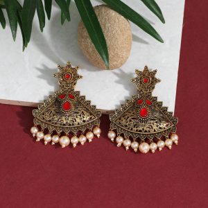 Red Color Colorful Kundan Antique Earrings-0