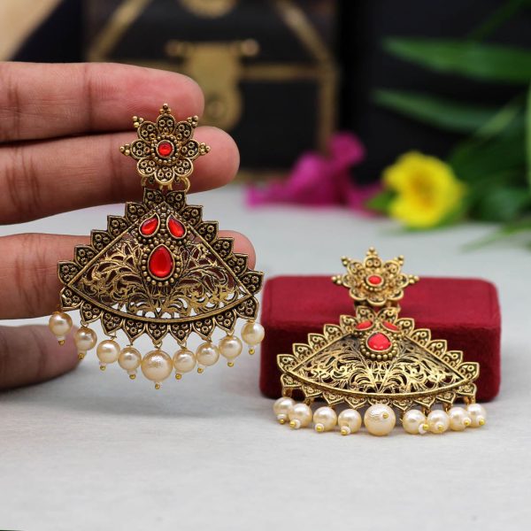 Red Color Colorful Kundan Antique Earrings-14564