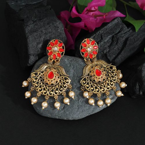 Red Color Colorful Kundan Antique Earrings