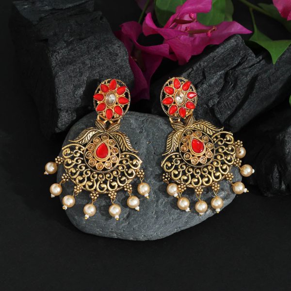 Red Color Colorful Kundan Antique Earrings-0