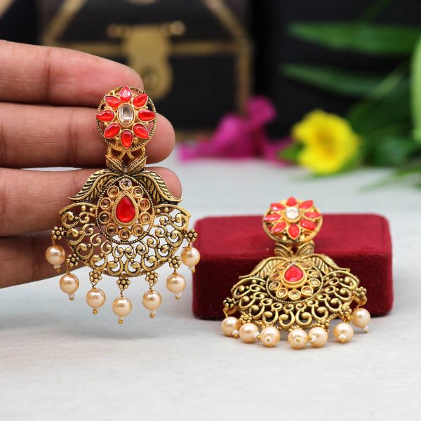 Red Color Colorful Kundan Antique Earrings-14586