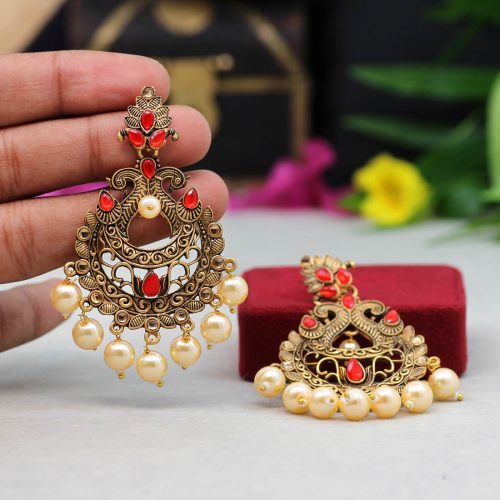 Red Color Colorful Kundan Antique Earrings