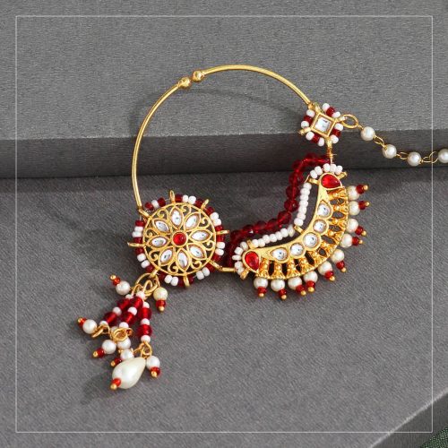 Red Color Glass Stone & Beads Nose Nath