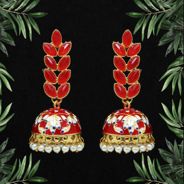 Red Color Glass Stone Meenakari Earrings-0