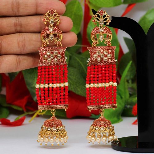 Red Color Glass Stone Mint Meena Long Earrings