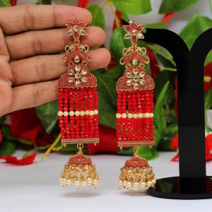 Red Color Glass Stone Mint Meena Long Earrings-0