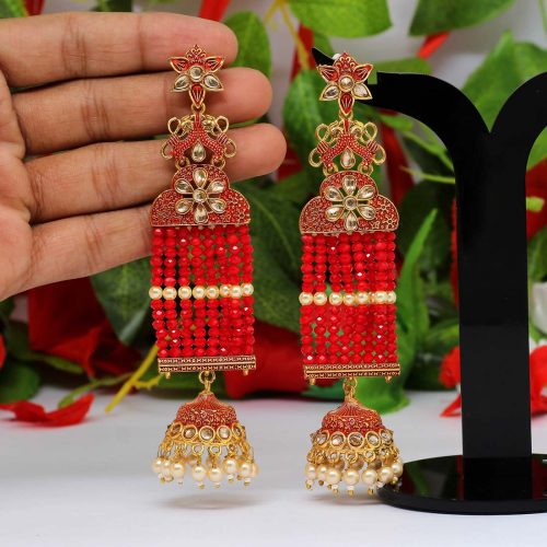 Red Color Glass Stone Mint Meena Long Earrings