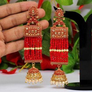 Red Color Glass Stone Mint Meena Long Earrings-0