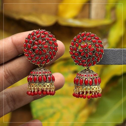 Red Color Glass Stone Oxidised Earrings