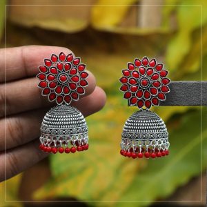Red Color Glass Stone Oxidised Earrings-0