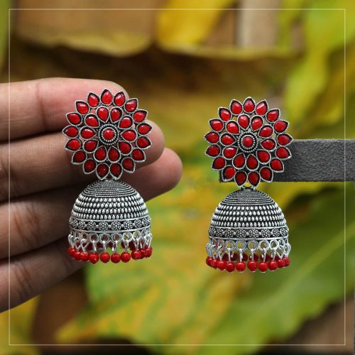 Red Color Glass Stone Oxidised Earrings