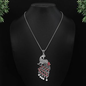 Red Color Glass Stone Peacock Insparied Necklace-0