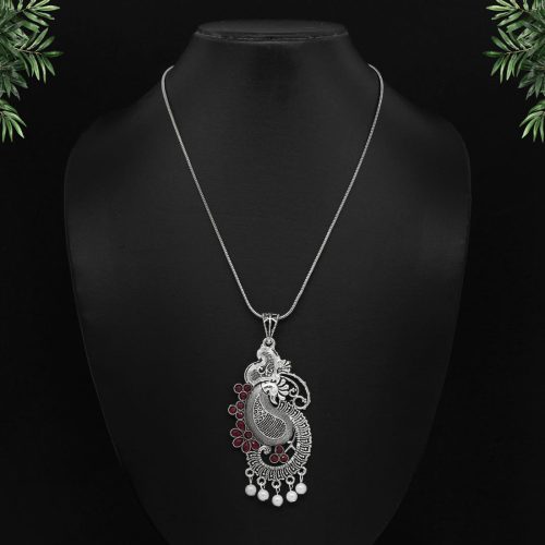 Red Color Glass Stone Peacock Insparied Necklace