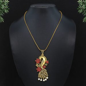 Red Color Glass Stone Peacock Insparied Necklace-0