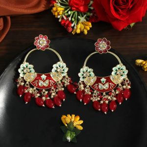 Red Color Hand Painted Kundan Meenakari Earrings-0