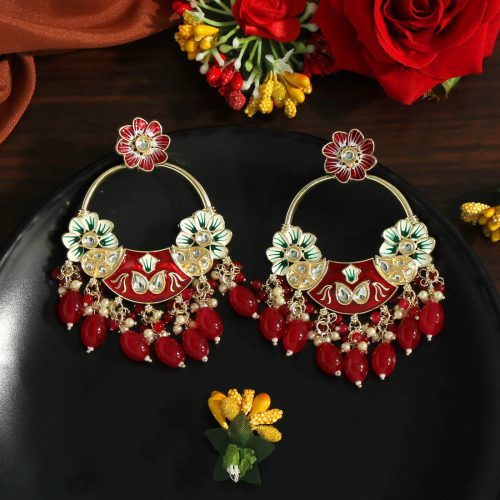 Red Color Hand Painted Kundan Meenakari Earrings