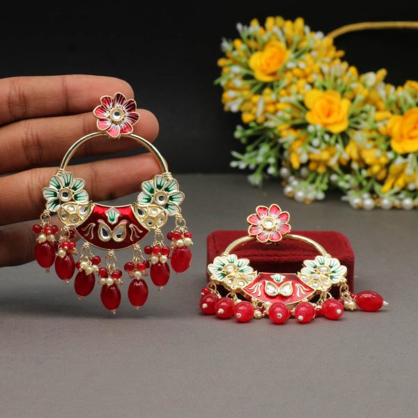 Red Color Hand Painted Kundan Meenakari Earrings-4927