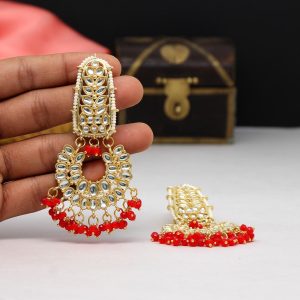 Red Color Kundan Earrings-0