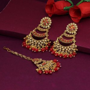 Red Color Kundan Earrings With Maang Tikka-0