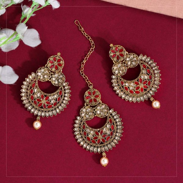 Red Color Kundan Earrings With Maang Tikka-0