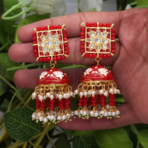 Red Color Kundan Meenakari Earrings