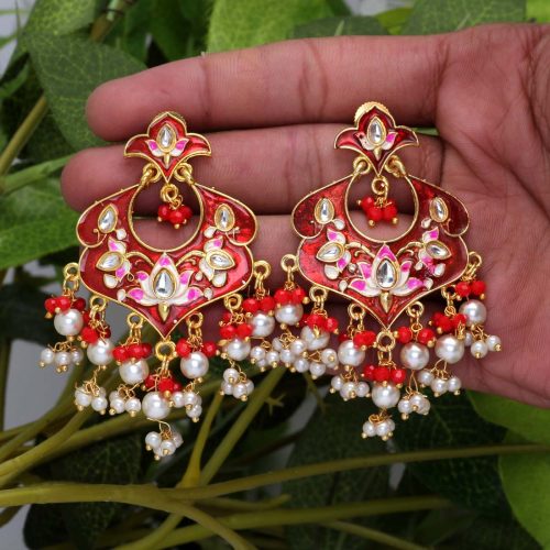 Red Color Kundan Meenakari Earrings