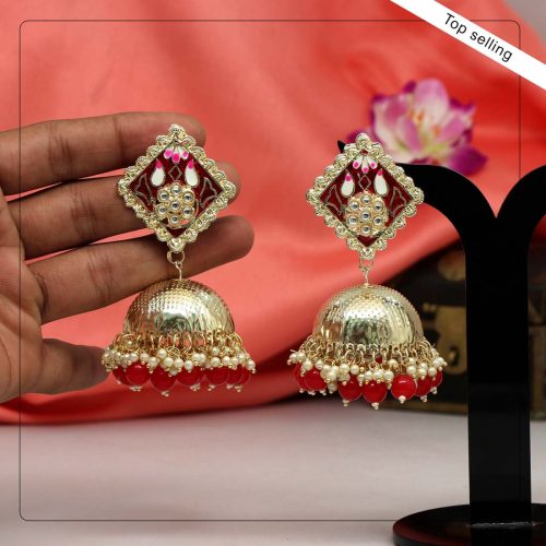 Red Color Kundan Meenakari Earrings