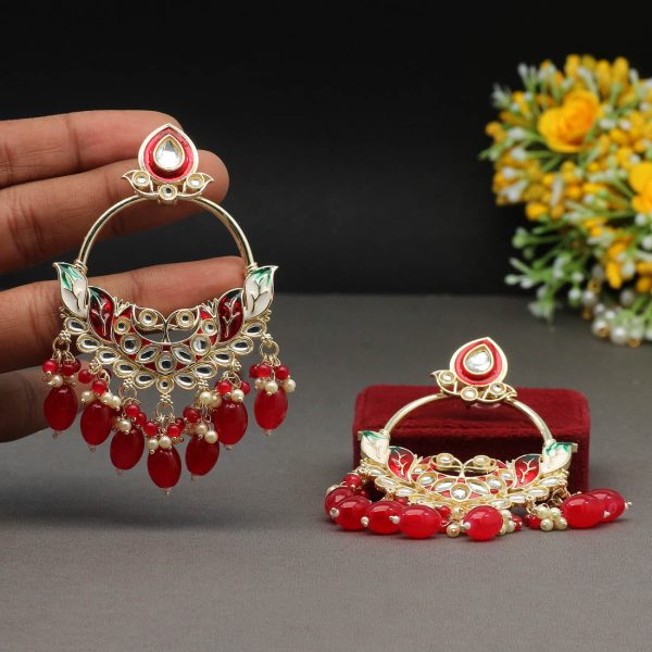 Red Color Kundan Meenakari Earrings-4901
