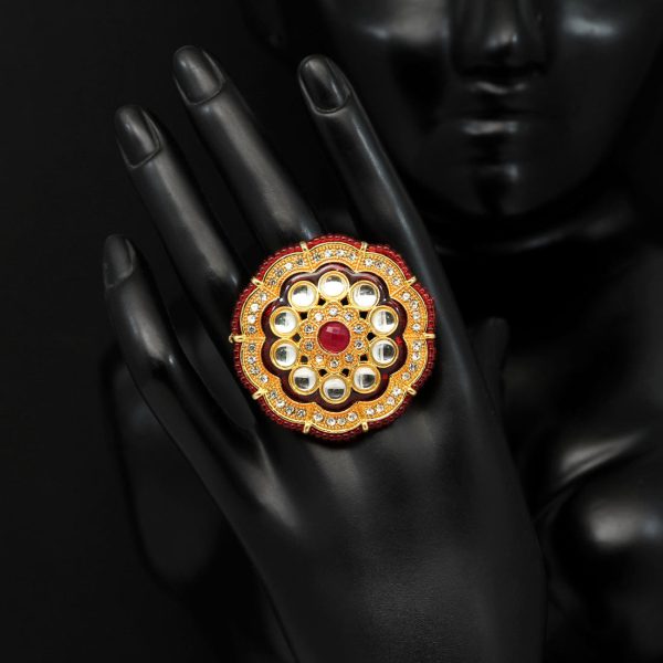 Red Color Kundan Meenakari Finger Ring For Women-12592