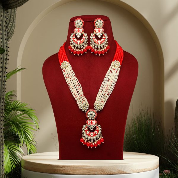 Red Color Kundan Meenakari Necklace Set-3589