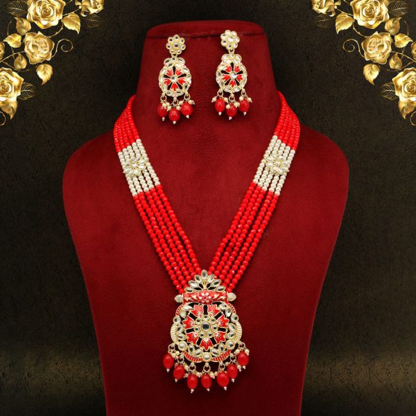 Red Color Kundan Meenakari Necklace Set-0