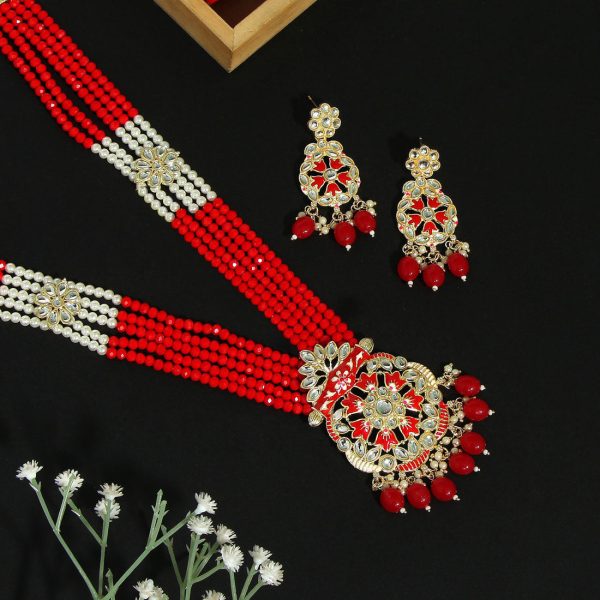 Red Color Kundan Meenakari Necklace Set-3619