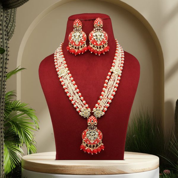 Red Color Kundan Meenakari Necklace Set-0